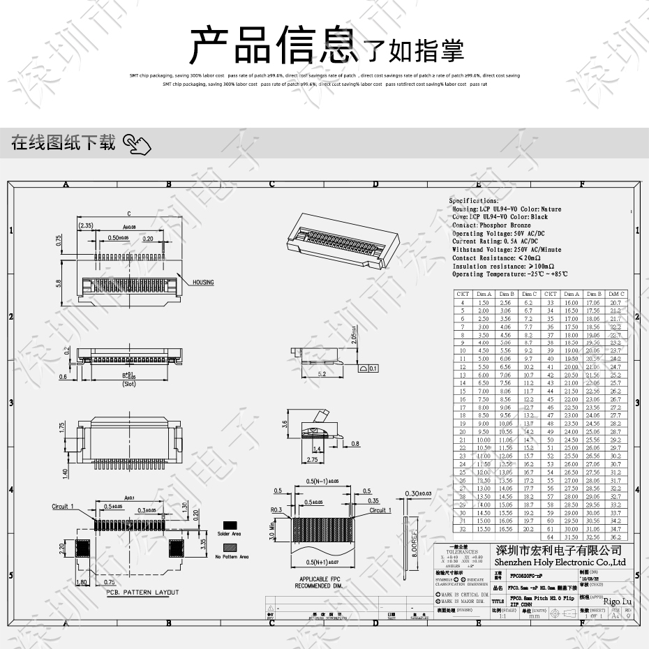 FFC/草莓视频黄污 排线插座 0.5间距45针翻盖下接式 屏接口